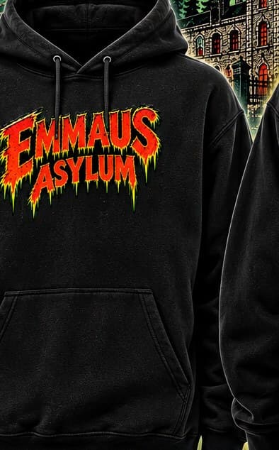 Bigfoot & Dogman hoodie, front: Emmaus Asylum logo